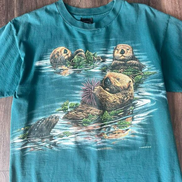 Vtg 1994 Otters Habitat Graphic Wraparound Teal Shirt Men's Large Single Stitch - Picture 6 of 7